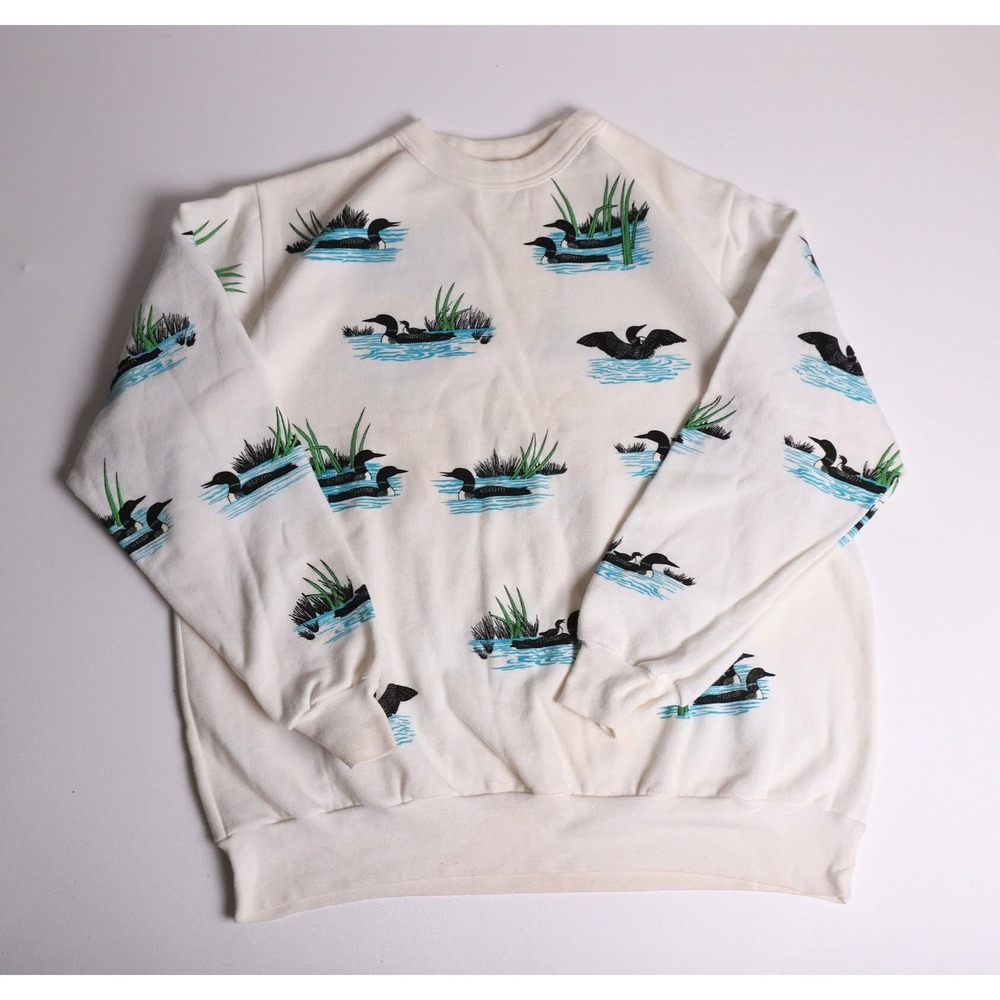 Vintage Cal Pacific Designs Loon All Over Print Sweatshirt Cream Made in USA XL